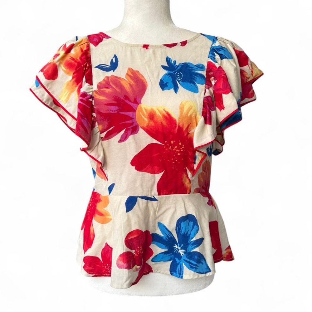 Floral Ruffle Sleeve Peplum Top Tropical Print Rayon  Size M